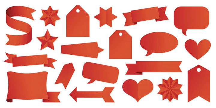 Red Decorative Elements Set – Ribbons, Tags, Speech Bubbles, Stars, Hearts, and Arrows for Graphic Design - Powered by Adobe