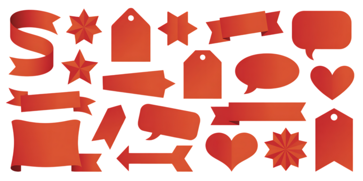 Red Decorative Elements Set – Ribbons, Tags, Speech Bubbles, Stars, Hearts, and Arrows for Graphic Design