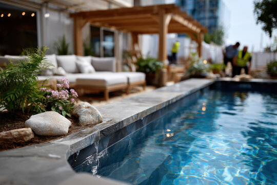 A serene poolside view featuring luxurious seating and natural stone accents, creating a peaceful outdoor atmosphere perfect for relaxation and social gatherings. - Powered by Adobe