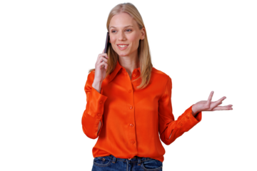 Woman standing, holding a mobile phone to her ear, smiling and gesturing while having a conversation. Transparent background