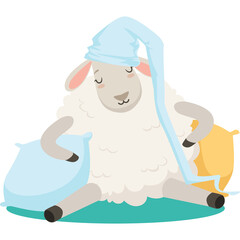 A Fluffy Sheep Wearing a Light Blue Sleep Cap and Sleeping on Pillows with Eyes Closed and a Peaceful Expression on a Teal Background