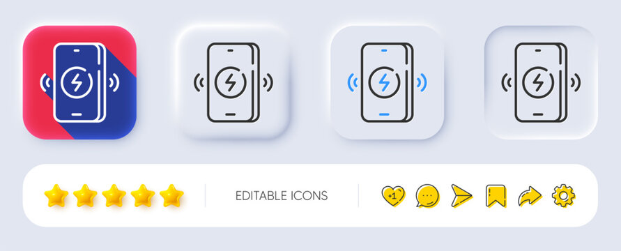 Wireless charging line icon. Neumorphic, Flat shadow, 3d buttons. Charge phone sign. Mobile accessories symbol. Line wireless charging icon. Social media icons. Vector