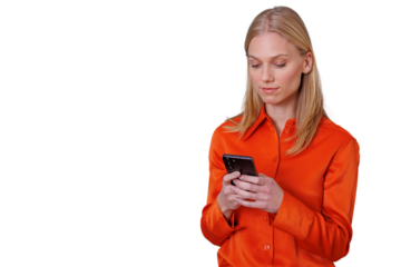 Blonde woman in orange shirt using mobile phone, texting, and browsing technology with transparent background