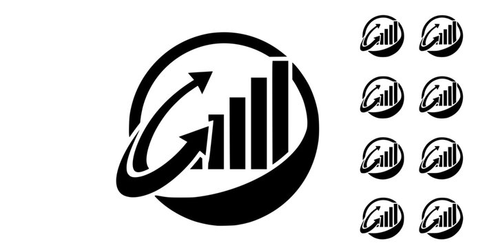 Circular analytics emblem with dynamic arrow and rising segments symbolizing economic vision and digital progress