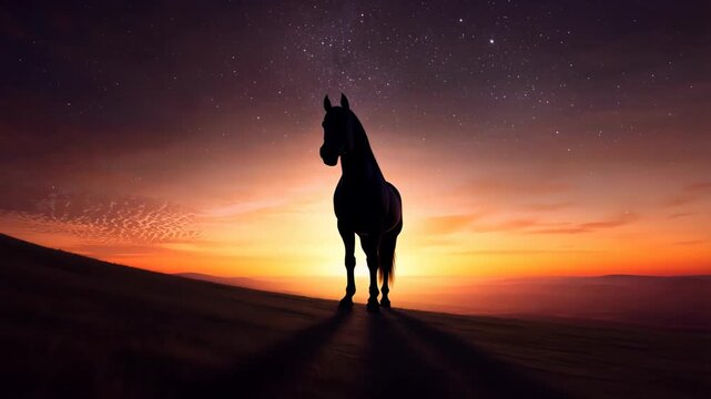 Silhouetted horse stands still against glowing sunset sky, surrounded by celestial lights and fading hills as the camera slowly pulls away. Concept of serenity and cosmic solitude