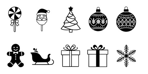 Naklejka premium Festive season holiday christmas icon set featuring essential winter elements like candy cane lollipop stylized tree ornate bauble Santa's sleigh gingerbread man 