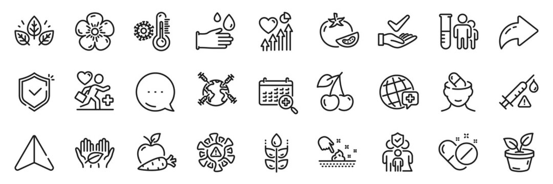 Dermatologically tested, World medicine and Cherry line icons pack. Share, Message, Paper plane icons. Vaccine attention, Skin moisture, Coronavirus web icon. Vector
