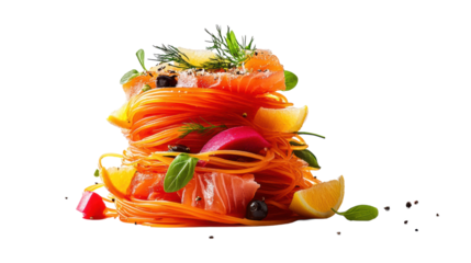 Gourmet Noodles with Fish and Vegetables on Transparent Background