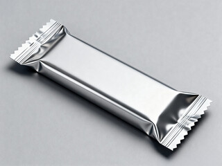 A close up shot of a silver foil wrapped candy bar on a gray surface with crinkled edges and bright lighting