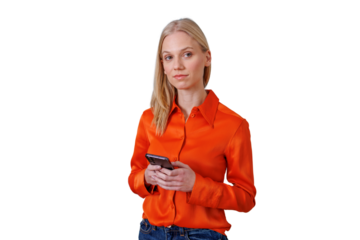 Blonde woman in orange shirt using smartphone, looking at camera and interacting with mobile technology, transparent background