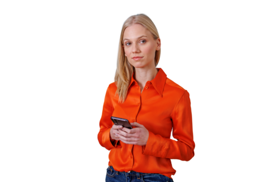 Blonde woman in orange shirt using smartphone, looking at camera and interacting with mobile technology, transparent background