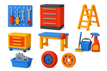 Vibrant Workspace Icons. 3D icon set of maintenance workspace: tool racks, storage cabinets, ladders, workbenches, cleaning