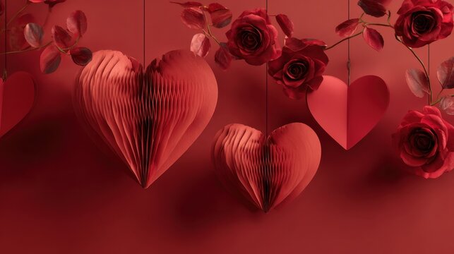 Romantic red hearts and roses hang as paper crafts create a warm Valentines mood