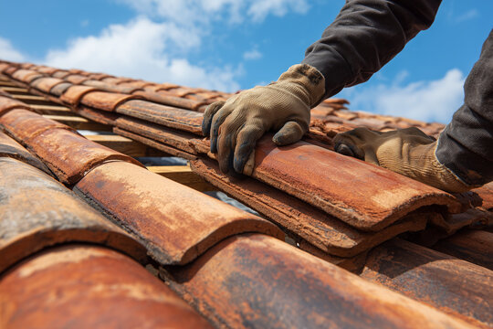 Detailed view of terracotta roof tiles being installed by a worker, showing texture, precision, and craftsmanship during roofing construction.