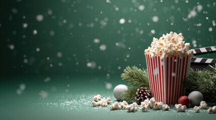 Obraz premium Popcorn in striped red cup with Christmas decorations and snowy background