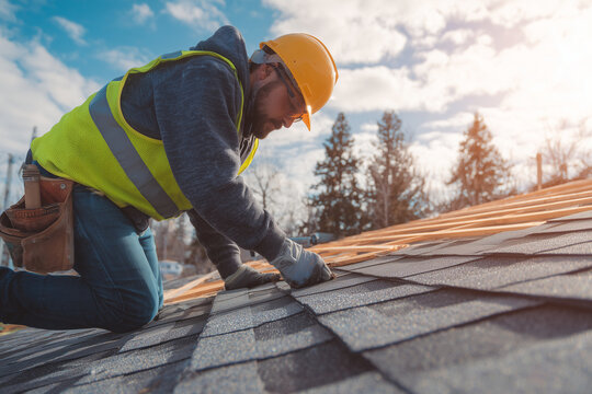 Construction worker replacing damaged roof shingles during exterior home repair, showing manual labor, safety gear, and residential building maintenance in daylight.
