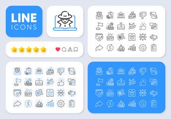 Inspect, Dao and Tax document line icons for web app. Message, Share, Like social media icons. Pack of Loyalty card, Checklist, Sale pictogram icons. Milestone, Growth chart, Vip ticket signs. Vector