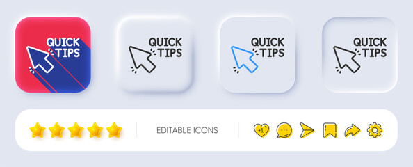 Quick tips click line icon. Neumorphic, Flat shadow, 3d buttons. Helpful tricks sign. Line quick tips icon. Social media icons. Vector