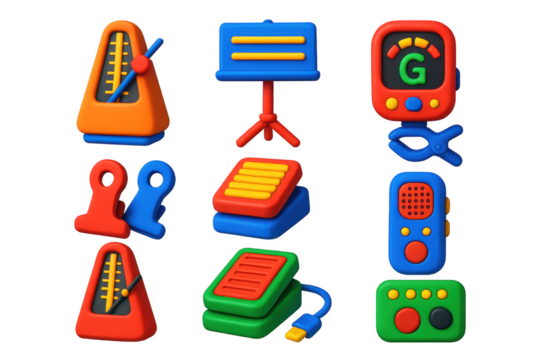 3D Jazz Icon Set. 3D icon set of jazz accessories: metronomes, music stands, tuner devices, sheet clips, foot pedals, recording