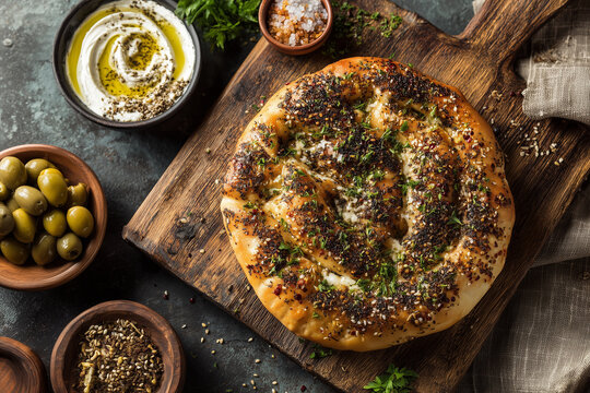 Traditional Middle Eastern manakish flatbread topped with fragrant zaatar spice blend, freshly baked and served on a rustic wooden board.