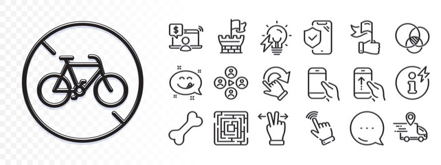 Power info, Dog bone and Bicycle prohibited line icons for web app. Glare of light effect. Message icon. Pack of Leadership, Maze, Electricity bulb pictogram icons. Vector