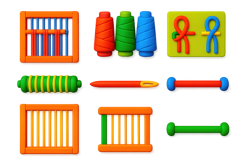 Set of colorful toys and craft supplies, including a needle, a pen