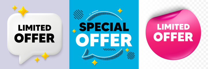 Limited offer speech bubble. 3d sparkles chat, Paper sticker. Limited offer tag. Special promo sign. Sale promotion symbol. Special offer bubble. Halftone dots pattern. Vector