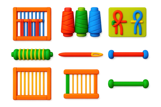 Set of colorful toys and craft supplies, including a needle, a pen