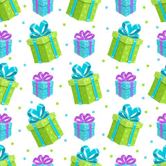 Seamless cartoon gift box pattern. Playful present boxes with ribbon and bow create a colorful wrapping theme. Fun birthday or party package design, wrapping joy.