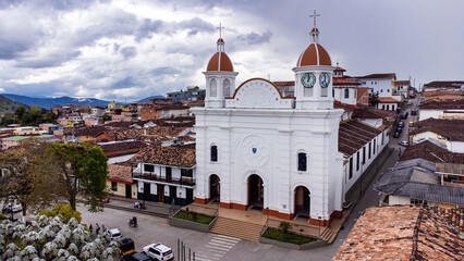 Aguadas, Caldas - Colombia. October 5, 2025. Panoramic drone view of the town's main church.
