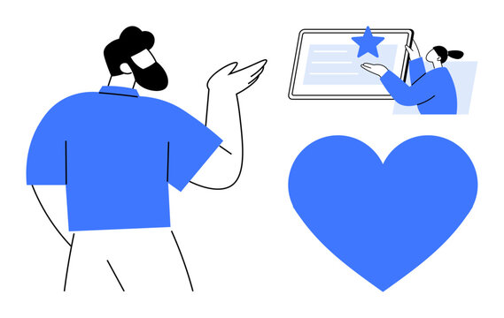 Person gesturing toward a certificate with a star, conveying recognition. Heart symbol emphasizes compassion, support. Ideal for teamwork, motivation, achievement, success, gratitude community