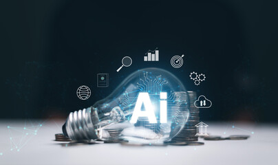 AI innovation for business concept. Glowing light bulb with stacked of coins and business icons. Intelligent technology, data analytics and digital transformation powering modern economic growth.