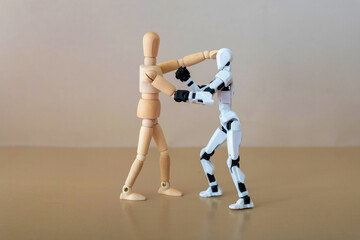 Young caucasian man in VR headset boxing with cyborg in cozy living room.