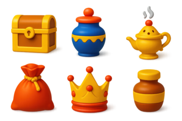 Set of six cartoonish objects, including a crown, a jar, a vase, a bag