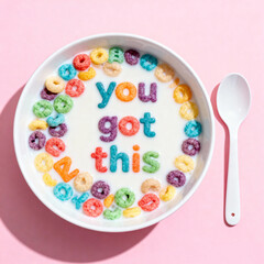A bowl of cereal with the words you got this made of cereal on a pink background with a spoon beside it
