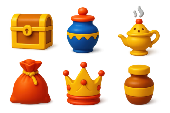 Set of six cartoonish objects, including a crown, a jar, a vase, a bag - Powered by Adobe