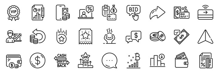 Vip award, Savings and Difficult stress line icons pack. Share, Message, Paper plane icons. Loyalty star, Decreasing graph, Accepted payment web icon. Vector
