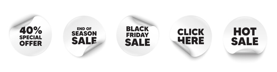 Discount sticker tag. Season sale, Black friday paper price banners. 40 percent discount offer tag. Sale price promo sign. Special offer symbol. Click here sticker. Vector