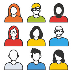 Collection of diverse cartoon avatars representing different people and professions in a simple flat design style