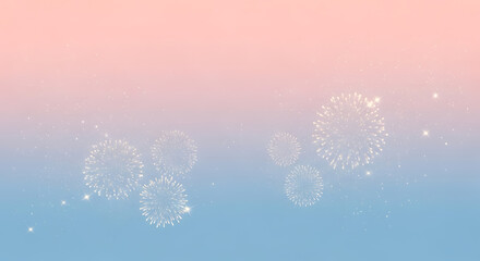 Gentle celebration concept featuring delicate, sparkling firework patterns floating on a dreamy pink and blue pastel gradient background