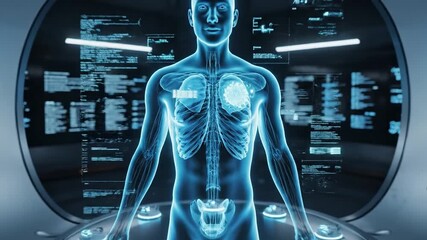 A 3D render of a human body with a glowing blue skeleton and organs, standing in front of a futuristic medical imaging interface with diagnostic screens. Perfect for medical