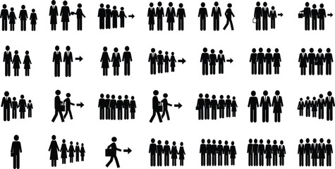 Family group silhouettes, social structure icons, demographic transition, adult child figures, movement arrows, vector illustration, black icons, transformation, concept