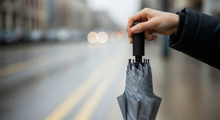 Person holding folded gray umbrella on wet urban street during rainy weather. Soft bokeh lights in blurred background create atmospheric city scene.