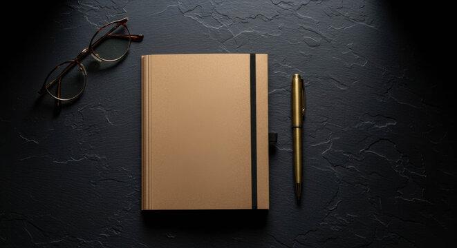 Minimalist flat lay of kraft paper notebook with black elastic closure, metallic gold pen, and tortoiseshell glasses on textured dark slate background - Powered by Adobe