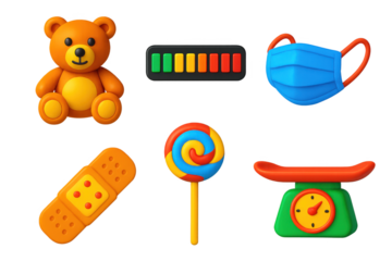 Collection of cartoon characters and objects, including a teddy bear, a scale