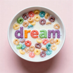 A bowl of cereal with the word dream spelled out in colorful letter shaped cereal on a pink background