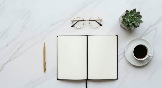 Flat lay of an empty notebook, gold pen, glasses, coffee, and succulent on a white marble desktop. Clean, minimalist workspace with copy space.