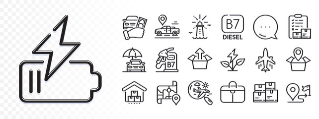 Car place, Send box and Car insurance line icons for web app. Glare of light effect. Message icon. Pack of Wholesale inventory, Map, Battery pictogram icons. Vector