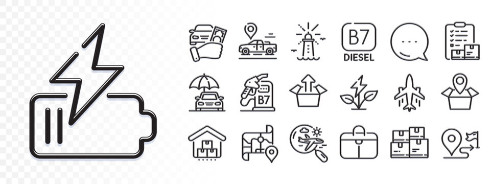 Car place, Send box and Car insurance line icons for web app. Glare of light effect. Message icon. Pack of Wholesale inventory, Map, Battery pictogram icons. Vector