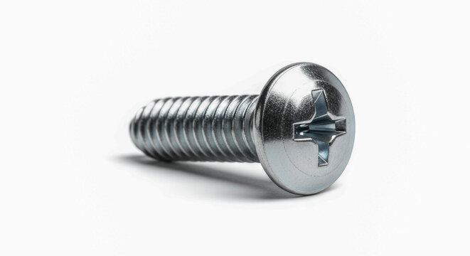 Macro close-up shot of a single silver machine screw with a round Phillips drive head and coarse threads, isolated on a clean white background.
